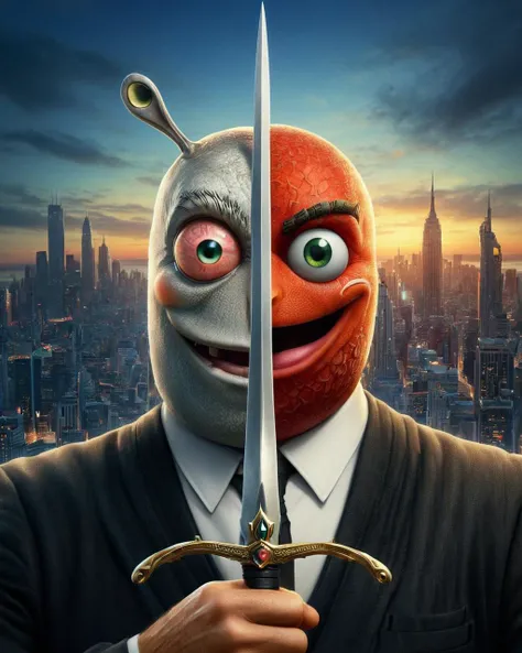 (half of the face is Gu, on other half its Mr. Krabs:1.25), amazing quality, city in background, digital art, <lora:V4:1> TwoFace Blade