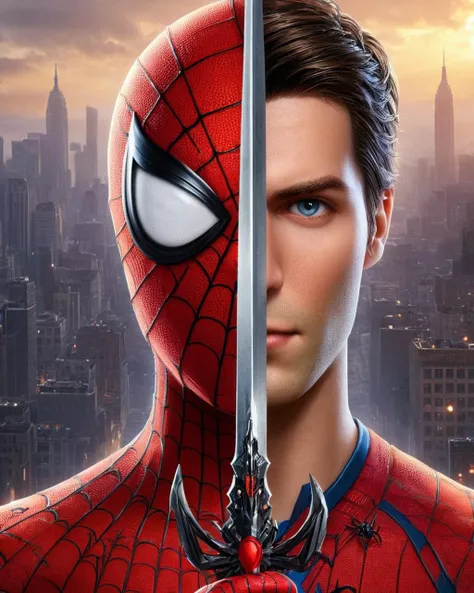 (half of the face is Forseti, on other half its Spider-Man:1.25), amazing quality, city in background, digital art, <lora:V4:1> TwoFace Blade