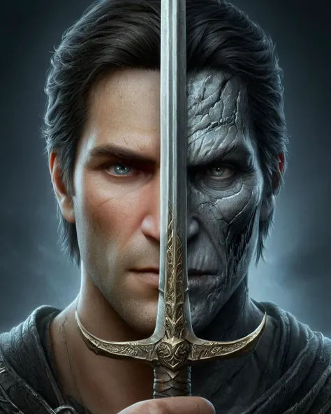 (half of the face is The Elder Scrolls V: Skyrim, on other half its Uncharted 4: A Thief's End:1.25), amazing quality, detailed background, digital art, <lora:V4:1> TwoFace Blade
