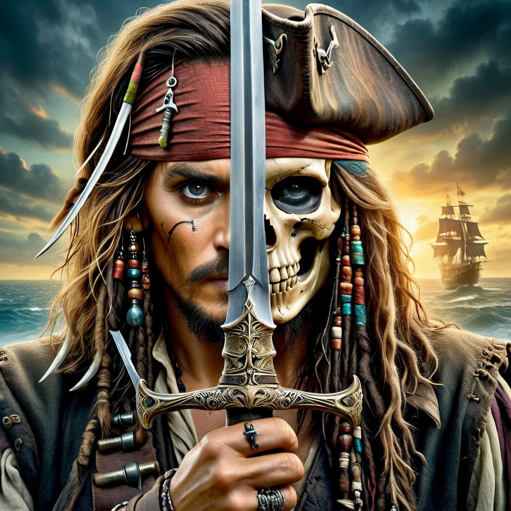 Epic movie poster, closeup face portrait of Captain Jack Sparrow holding a pirate sword in front of face, (half of the face of Captain Jack Sparrow, on other half is the face of the skeleton:1.3), TwoFace Blade, 16k, UHD, DSLR, Insane Details, award-winning photo, <lora:V4:0.65>, detailed skin, realistic hair, aligned eyes on one line