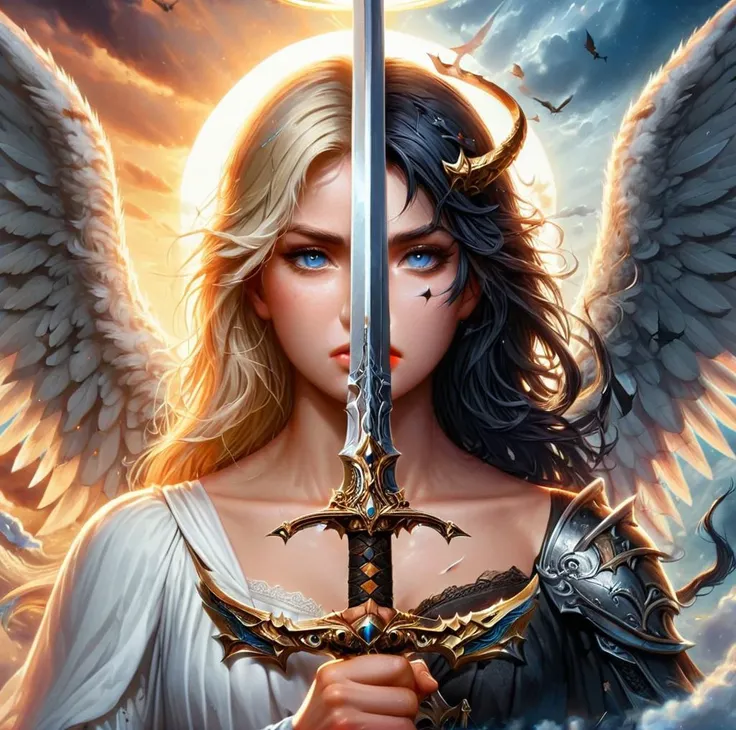 a detailed 8k photo,
A woman is holding a big sword in front of her face,
the left half of the face is a blonde angel in the sky with white wings,
on the other right half its the woman of the devil with ((black hair)) and dark wings,
TwoFace Blade
<lora:V4:1>