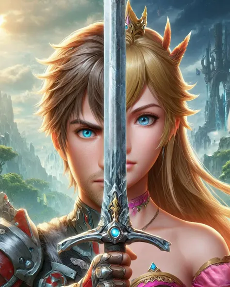 (half of the face is Xenoblade Chronicles, on other half its League of Legends:1.25), amazing quality, detailed background, digital art, <lora:V4:1> TwoFace Blade
