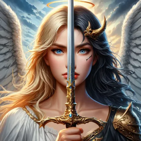 a detailed 8k photo,
A woman is holding a golden sword in front of her face,
the half of the face is a blonde angel in the sky with white wings,
on the other half its the woman of the devil with ((black hair)) and dark wings,
TwoFace Blade
<lora:V4:1>