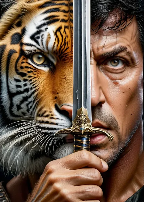Epic movie poster, closeup face portrait of Sylvester Stallone as Rocky holding a sword in front of face, (half of the face is Sylvester Stallone, on other half is a Tiger:1.2), TwoFace Blade, the two faces are aligned to a new one, 16k, UHD, DSLR, Insane Details, award-winning photo, <lora:V4:0.6>, <lora:add-detail-xl0.5>