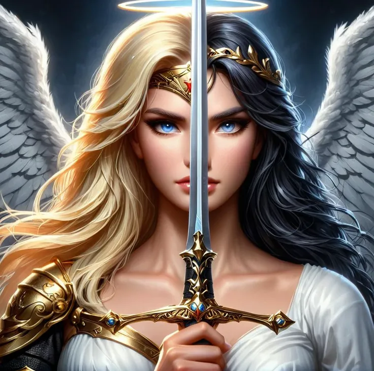 a twoface blade,
a woman is holding sword infront of her face,
half of the face is a blonde Angel,
on the other half its a warrior woman with black hair,
<lora:V4:0.91>