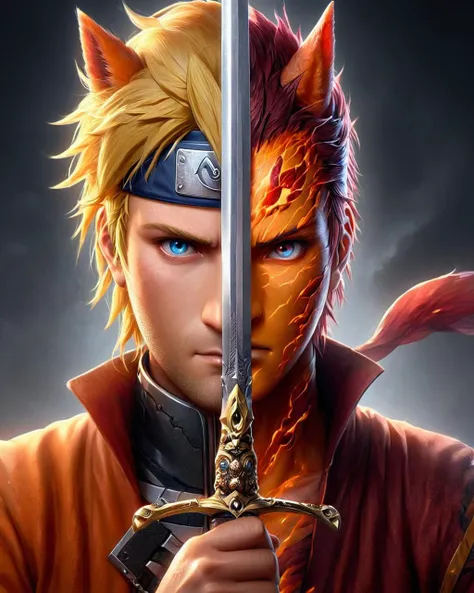 (half of the face is Naruto, on other half its kurama:1.25), amazing quality, detailed background, digital art, <lora:V4:1> TwoFace Blade