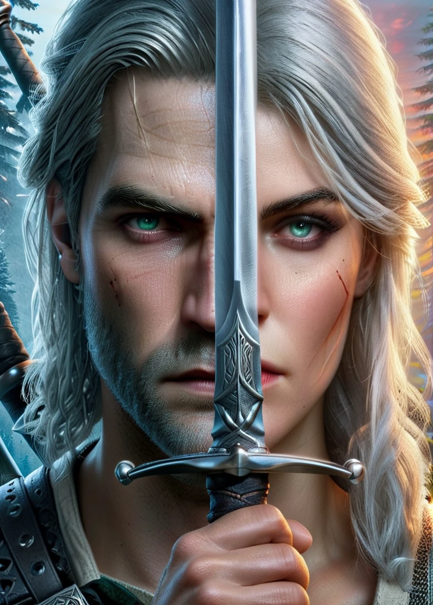 Epic movie poster, closeup face portrait of Geralt the Witcher holding a sword in front of face, (half of the face is Geralt the Witcher, on other half is ciri_w3, ciri_w3_outfit:1.3), TwoFace Blade, 16k, UHD, DSLR, Insane Details, award-winning photo, <lora:V4:0.6>, <lora:add-detail-xl0.5>, <lora:ciri_w3_sdxl_3000:0.6>