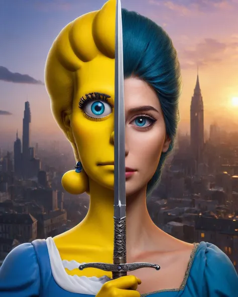 (half of the face is Idunn, on other half its Marge Simpson:1.25), amazing quality, city in background, digital art,  <lora:V4:1> TwoFace Blade
