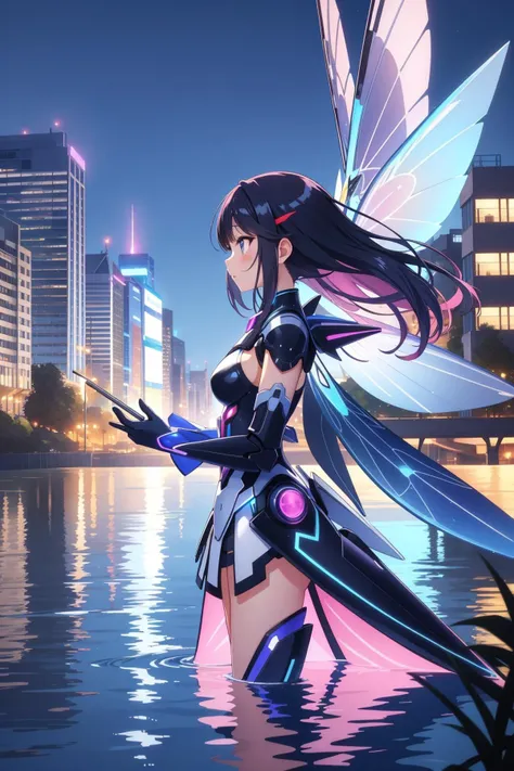 1girl, [ (installation art by William Turner:0.7) and (Clara Peeters:0.9) ::9], professional VRay, cute, side view shot of a Textile Mecha ([Swallow|wafer stick]:1.3) , complex Ektachrome background, lush city and water, at Blue hour, Sharp and in focus, Illustration, Fairy-Tale, ethereal magical atmosphere, Darkpunk, Cold Lighting, 80mm, Hypersaturated, appealing, Magenta and electric yellow splash, most beautiful artwork in the world, professional, dream