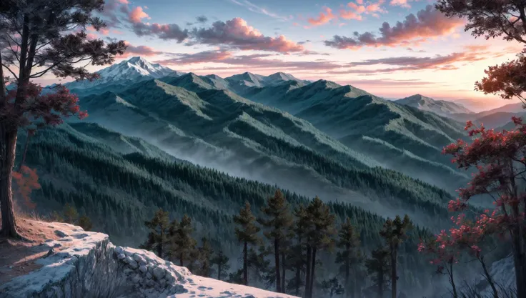 ((masterpiece:1.4,best quality)), cloud, outdoors
(mountains), spring glade, scenery, sky, winter,
(early morning:1.4),morning red, high detail, abundant, 8k, high detail, wallpaper,
<lora:more_details:1.5>, <lora:RedDataGirlAnimeBackgrounds:1>