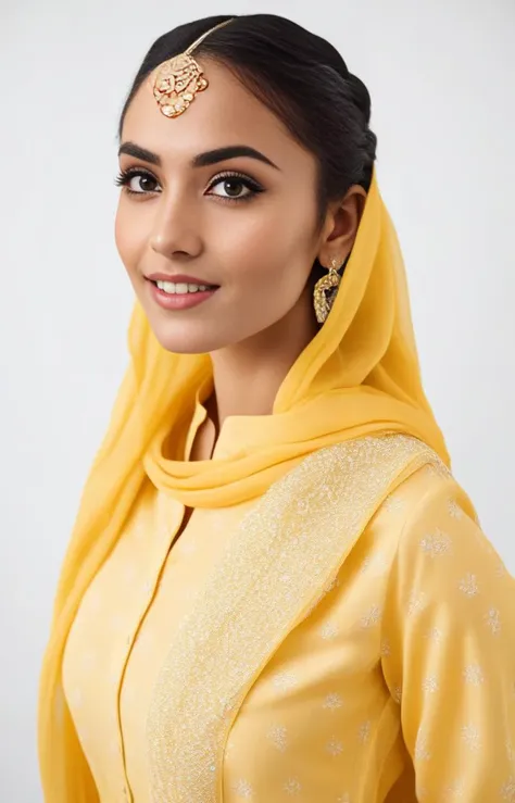 glamor photo of a 25_year old desiespresso  woman, studio quality, in a yellow pakistani dress, canon 5D, realistic skin texture, skindentation, flat white background, <lora:DesiCoffee_SDXL_20_LoRA:1> <lora:pakistanidress:0.7>