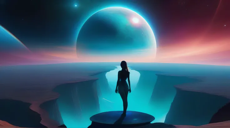 high quality fantasy image of a desilatte girl in a dynamic pose, facing viewer, standing on tranquil translucent blue planet, and a translucent turquoise planet, in dark space, connected by bridge, with a backdrop of a multicolored nebula, 2 planet <lora:DesiCoffee_SDXL_20_LoRA:0.5>