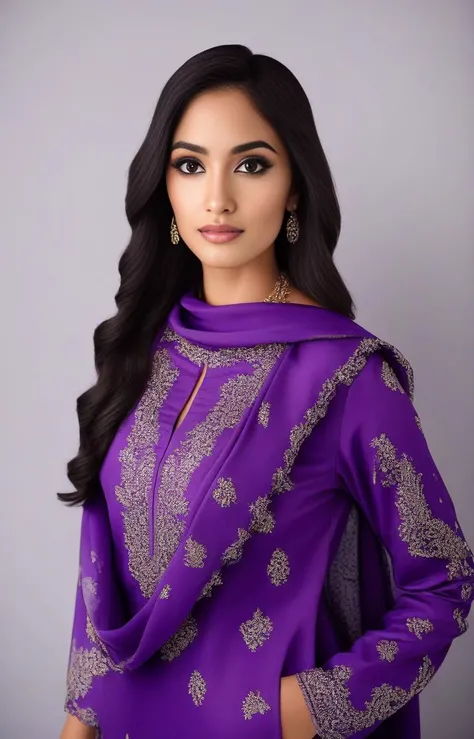 glamor photo of a 25_year old desimocha woman, studio quality, in a purple pakistani dress, canon 5D, realistic skin texture, skindentation, flat white background, <lora:DesiCoffee_SDXL_20_LoRA:1> <lora:pakistanidress:0.7>
