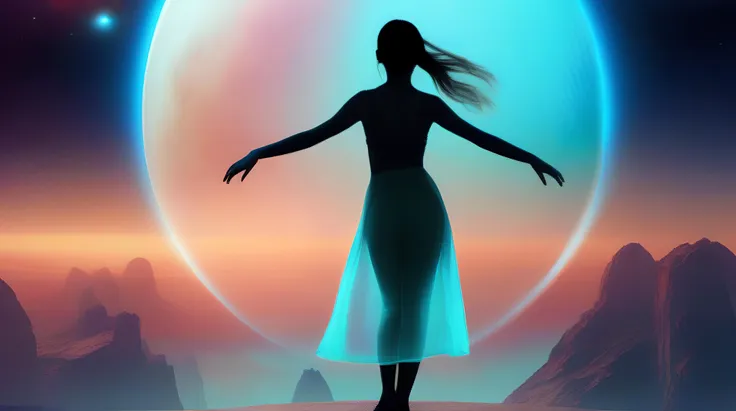 high quality fantasy image of a  desilatte  girl in a dynamic pose, facing viewer, standing on tranquil translucent blue planet, and a translucent turquoise planet, in dark space, connected by bridge, with a backdrop of a multicolored nebula, 2 planet <lora:DesiCoffee_SDXL_20_LoRA:0.5>