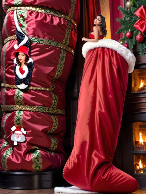 fantasy photo of a sexy shrunken desimocha miniature woman peeping out of a giant christmas stocking,  background of tudor interior<lora:DesiCoffee_SDXL_20_LoRA:0.6>  <lora:shrunk_xl:1.5>