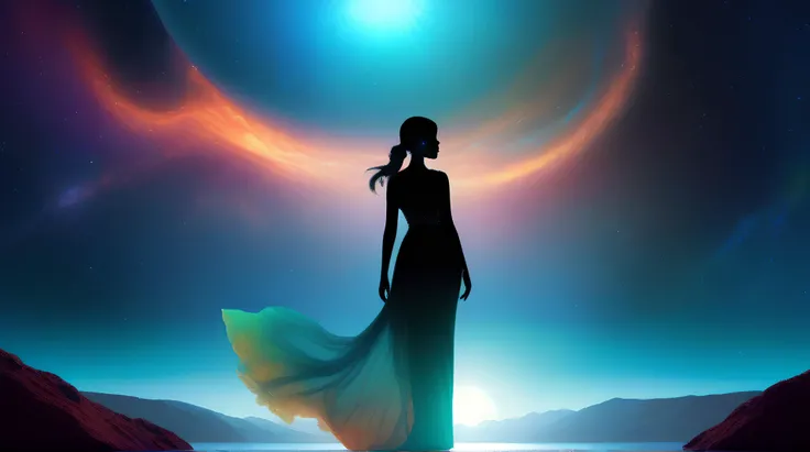 high quality fantasy image of an elegantly dressed desimocha girl in silhouette in a dynamic pose, facing viewer, standing on tranquil translucent blue planet, and a translucent turquoise planet, in dark space, connected by bridge, with a backdrop of a multicolored crab nebula, 2 planet <lora:DesiCoffee_SDXL_20_LoRA:0.5>