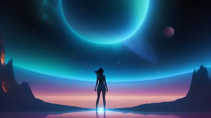 high quality fantasy image of a desilatte girl in a dynamic pose, facing viewer, standing on tranquil translucent blue planet, and a translucent turquoise planet, in dark space, connected by bridge, with a backdrop of a multicolored nebula, 2 planet <lora:DesiCoffee_SDXL_20_LoRA:0.5>