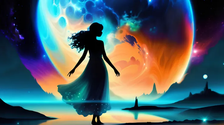 high quality fantasy image of an elegantly dressed desimocha  girl in silhouette in a dynamic pose, facing viewer, standing on tranquil translucent blue planet, and a translucent turquoise planet, in dark space, connected by bridge, with a backdrop of a multicolored nebula cloud, 2 planet <lora:DesiCoffee_SDXL_20_LoRA:0.5>