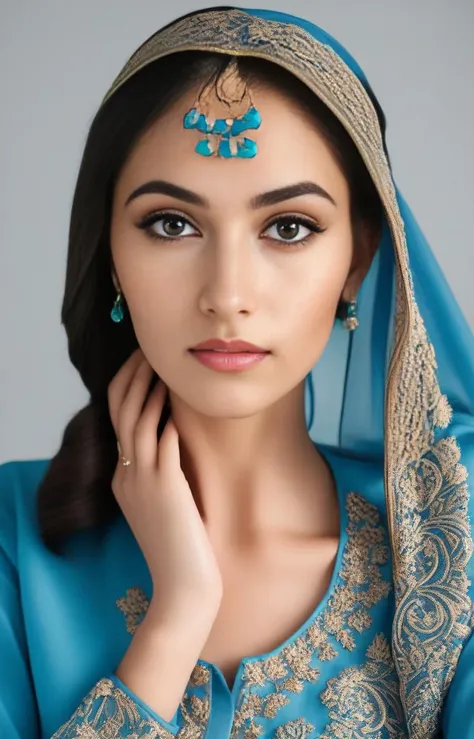 glamor photo of a 25_year old desimocha woman, studio quality, in a blue pakistani dress, canon 5D, realistic skin texture, skindentation, flat white background, <lora:DesiCoffee_SDXL_20_LoRA:1> <lora:pakistanidress:0.7>