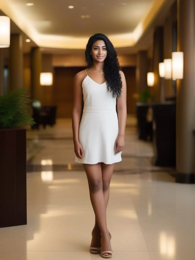 desilatte, woman,  natural lighting, studio quality, in a hotel lobby, full body, black hair <lora:DesiCoffeeSDXL:0.65>