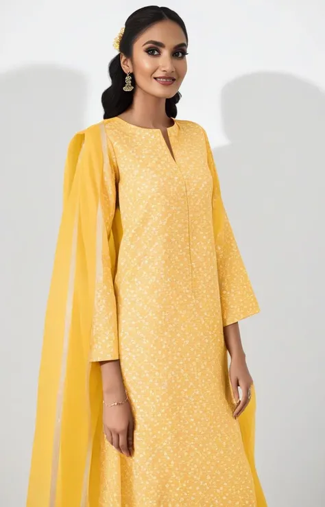 glamor photo of a 25_year old desiespresso  woman, studio quality, in a yellow pakistani dress, canon 5D, realistic skin texture, skindentation, flat white background, <lora:DesiCoffee_SDXL_20_LoRA:1> <lora:pakistanidress:0.7>