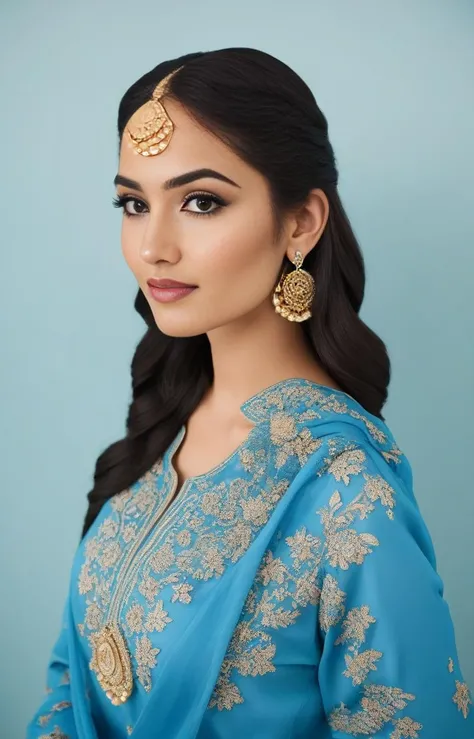 glamor photo of a 25_year old desimocha  woman, studio quality, in a blue pakistani dress, canon 5D, realistic skin texture, skindentation, flat white background, <lora:DesiCoffee_SDXL_20_LoRA:1> <lora:pakistanidress:0.7>