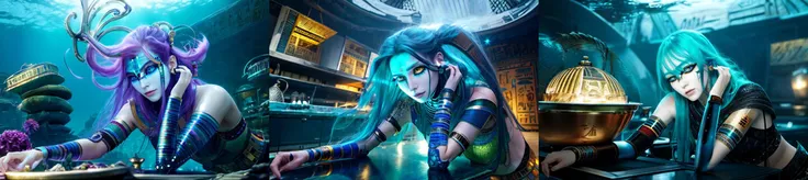 (otherworldly, otherworldly atmosphere, otherworldly appearance), highly insanely detailed, masterpiece, top quality, best quality, highres, 4k, 8k, RAW photo, ((ancient egyptian theme:1.2)), Hong Kong structure, structure, 
(mystical theme), mystical gatmosphere, arcane sanctuaries, otherwordly aura, 
(long_hair, long hair, random colors hair, glowing hair, hair over one eye, long messy hair), 
(eyelashes, eyeliner, eyeshadow, eyelashes, long eyelashes), 
collar, earrings, jewelry, necklace, armlet, 
tentacle, (underwater), nsfw, 
Homestay, Resort, Guest House, 
building, structure, still life, swirling energy, 
action pose, 
drunk, closed eyes, 
high-heels, 
reflection, reflective floor, 
shawl, 
abandoned building, shopping mall, overgrown with vegetation, [volumetric fog], cinematic lighting, colorfu, 
belly bottom, 
mercurytech, scifi, molten metal, 
(ancient egyptian theme futuristic kitchen:1.4), (fantasy world)