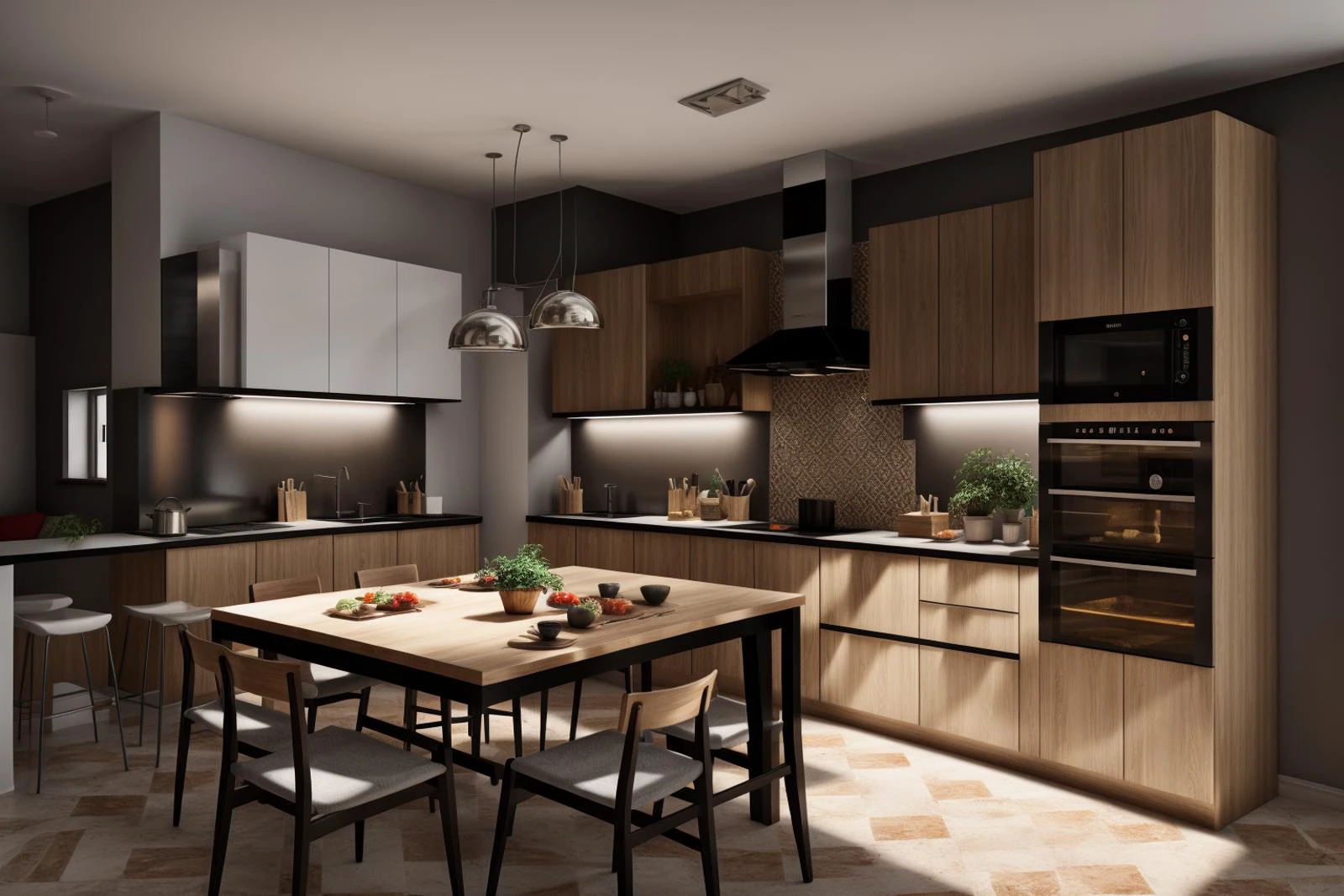 interior, a kitchen with a table and chairs and a wine rack in the middle of the room with a window, Dahlov Ipcar, vray render, a 3D render, photorealism
interior, food, indoors, no humans, window, chair, table, plant, scenery, plate, shelf, kitchen, frying pan, sink, stove
Dive into the ultra-detailed 8k masterpiece, carefully crafted with photorealistic precision of 1.37 ratio, all in the essence of Nayuta Nordic Modern Interior Design. Art form: Photography. Inspired by the techniques of Annie Leibovitz, the kitchen showcases professional lighting, a scenery where the play of radiosity brightens the room. A stove with a frying pan, a gleaming refrigerator beside tiles and cabinet, a sink with a faucet overlooking a tile wall. On the shelf, there's a spatula, a chair nearby with a plant and some food in a jar. Lens: 35mm. The room basks in a warm color temperature. Perfectly illuminated with ray tracing and the best shadows using physically-based rendering <lora:add_detail:0.5> <lora:more_details:0.5> <lora:interior01_SDLife_Chiasedamme_v1.0:0.6>