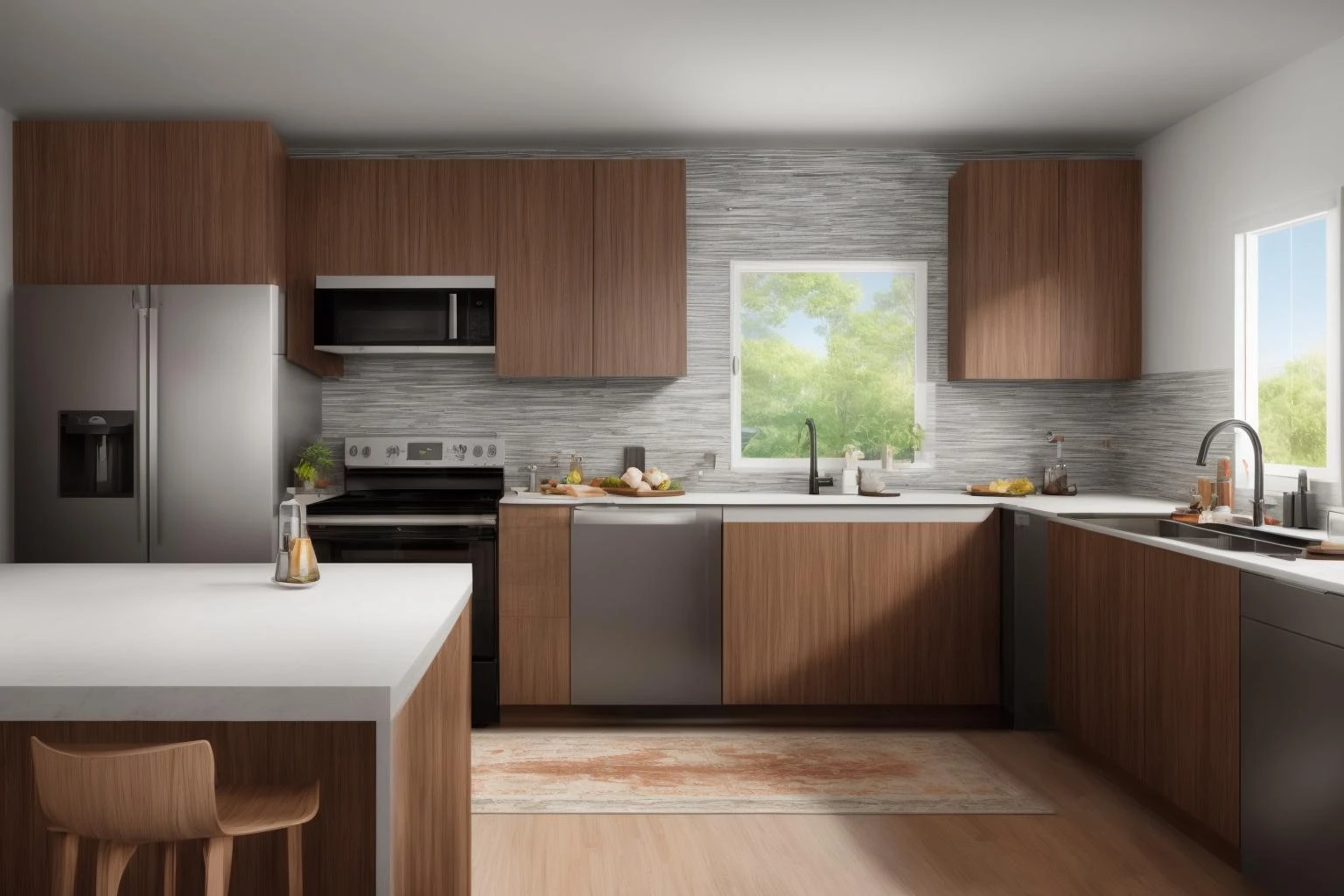 Dive into the ultra-detailed 8k masterpiece, carefully crafted with photorealistic precision of 1.37 ratio, all in the essence of Nayuta Nordic Modern Interior Design. Art form: Photography. Inspired by the techniques of Annie Leibovitz, the kitchen showcases professional lighting, a scenery where the play of radiosity brightens the room. A stove with a frying pan, a gleaming refrigerator beside tiles and cabinet, a sink with a faucet overlooking a tile wall. On the shelf, there's a spatula, a chair nearby with a plant and some food in a jar. Lens: 35mm. The room basks in a warm color temperature. Perfectly illuminated with ray tracing and the best shadows using physically-based rendering
<lora:add_detail:0.5> <lora:more_details:0.5>