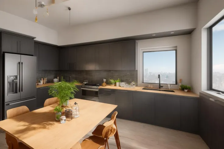 Dive into the ultra-detailed 8k masterpiece, carefully crafted with photorealistic precision of 1.37 ratio, all in the essence of Nayuta Nordic Modern Interior Design. Art form: Photography. Inspired by the techniques of Annie Leibovitz, the kitchen showcases professional lighting, a scenery where the play of radiosity brightens the room. A stove with a frying pan, a gleaming refrigerator beside tiles and cabinet, a sink with a faucet overlooking a tile wall. On the shelf, there's a spatula, a chair nearby with a plant and some food in a jar. Lens: 35mm. The room basks in a warm color temperature. Perfectly illuminated with ray tracing and the best shadows using physically-based rendering
<lora:add_detail:0.5> <lora:more_details:0.5>