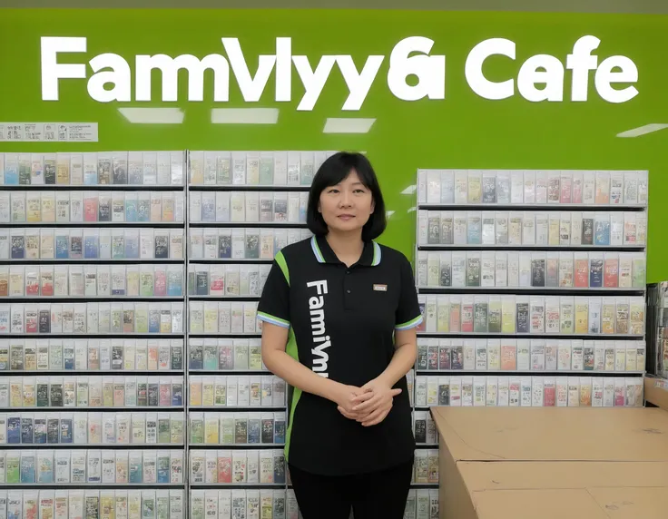Asian,Family Mart,A realistic scene featuring a 18 year a old solo girl with short black hair, standing in a convenience store. She's dressed in a polo shirt uniform and long pants, adorned with a collar, reflecting her role as a store employee. Her face is slightly blushing, possibly from interacting with customers or the busyness of her workday. The convenience store setting should be detailed with shelves stocked with various products, bright lighting, and a welcoming ambiance. The scene should be captured with the clarity and detail of a high-resolution photograph, emphasizing her pose, the texture of her clothing, including the collar, and the environment of the convenience store, <lora:fm2:0.8>