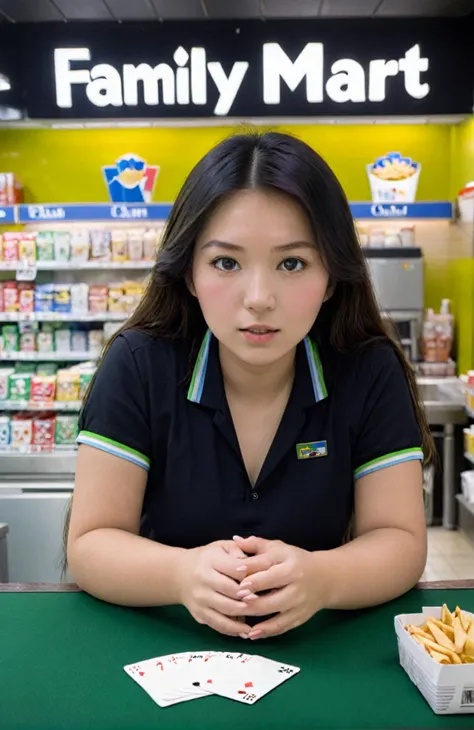 Asia's Gambling God,50mm lens, f/2.8 , 1/50s , iso3200 close-up , , Inside Family Mart, soft blurring in background , warm lighting contrasted with brightly colored chips on the table , Calm tension and concentration , Medium view with lady in the center, chips and poker game form the foreground ¸ <lora:fm2:0.75> Family Mart and Cigarettes, Counter
and
Professional Interior Design <lora:xl_more_art-full_v1:0.25>