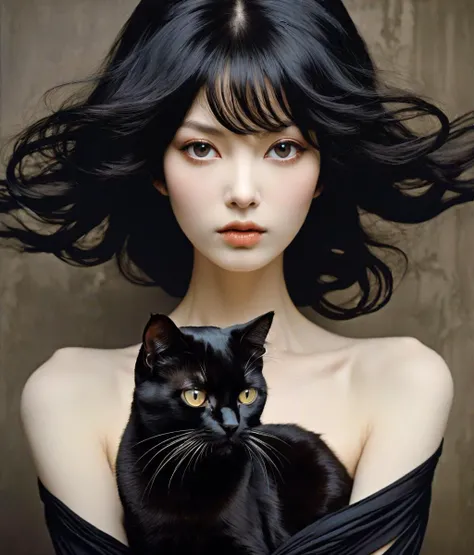 Photo of TWbabeXL01, NSFW, professional photograph of a beautiful Persian Goddess by YOSHITAKA AMANO, Yoji Shinkawa and Amy Judd and edward weston, Persian elements, bold lines, hyper detailed, dramatic lighting, (intricate details, masterpiece, best quality:1.4), small breasts, black palette,a black cat's head is exposed from her hair.