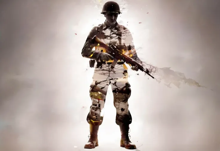 soldier, WWII, full body shot, double exposure effect, <lora:Double Exposure XL:1> double exposure