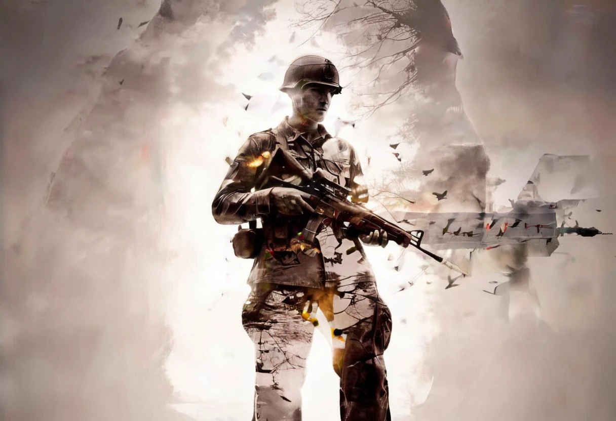 soldier, WWII, full body shot, double exposure effect, <lora:Double Exposure XL:1> double exposure