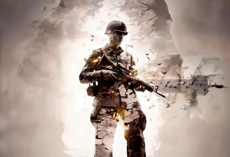 soldier, WWII, full body shot, double exposure effect, <lora:Double Exposure XL:1> double exposure