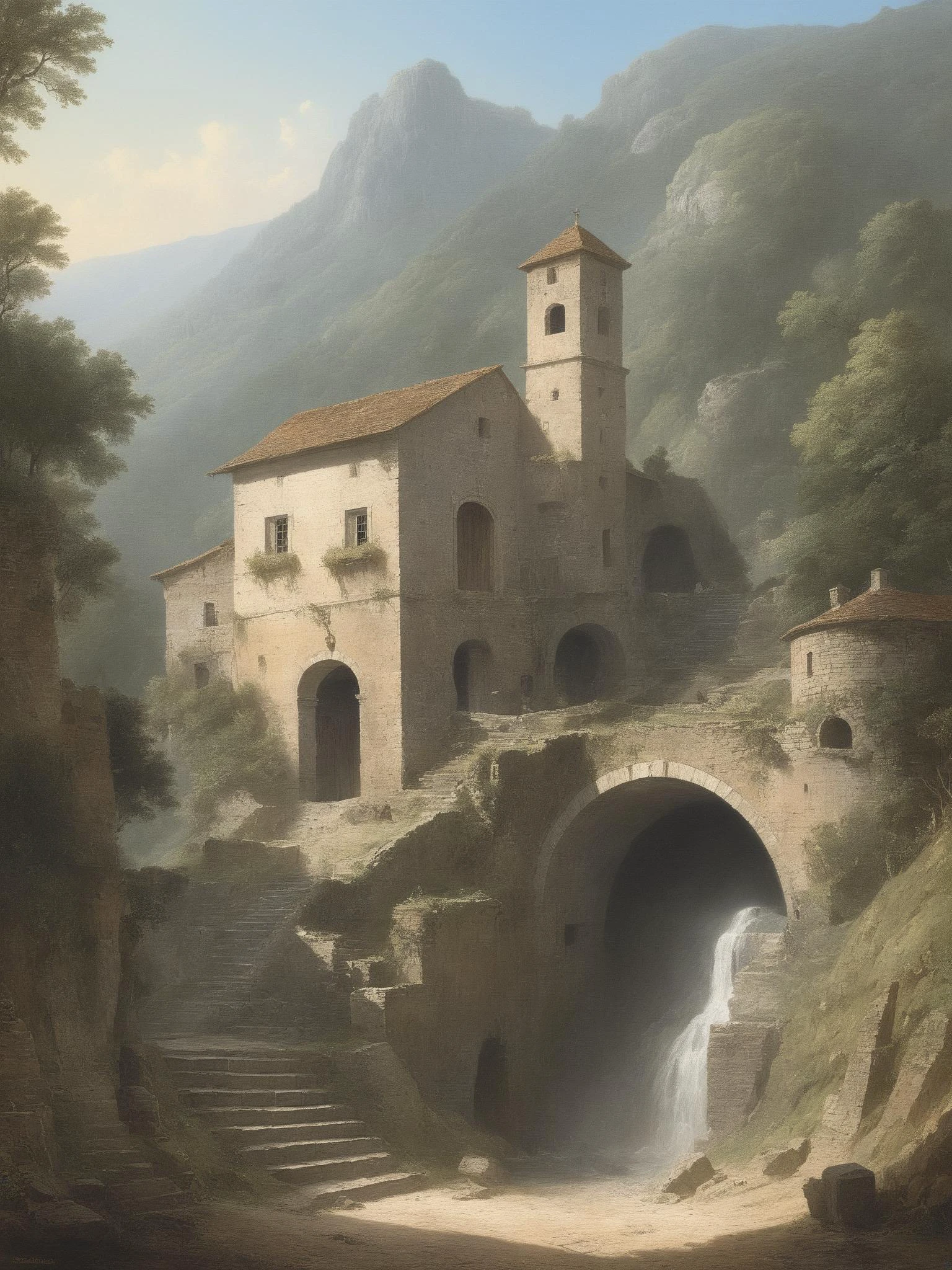 building, art by Hubert Robert, architecture of a Garage, hillside, Arcane hue, idyllic,
