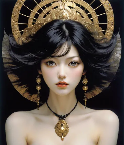 Photo of TWbabeXL01, NSFW, professional photograph of a beautiful Persian Goddess by YOSHITAKA AMANO, Yoji Shinkawa and Amy Judd and edward weston, Persian elements, bold lines, hyper detailed, dramatic lighting, (intricate details, masterpiece, best quality:1.4), small breasts, black palette,a black cat's head is exposed from her hair.