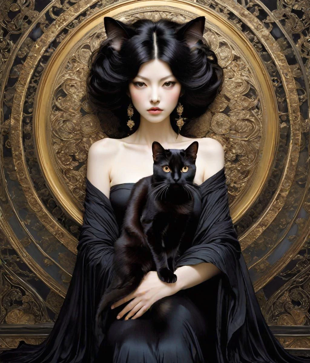 Photo of TWbabeXL01, NSFW, professional photograph of a beautiful Persian Goddess by YOSHITAKA AMANO, Yoji Shinkawa and Amy Judd and edward weston, Persian elements, bold lines, hyper detailed, dramatic lighting, (intricate details, masterpiece, best quality:1.4), small breasts, black palette,a black cat's head is exposed from her hair.