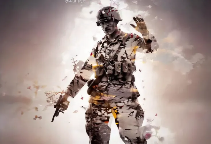 soldier, WWII, full body shot, double exposure effect, <lora:Double Exposure XL:1> double exposure