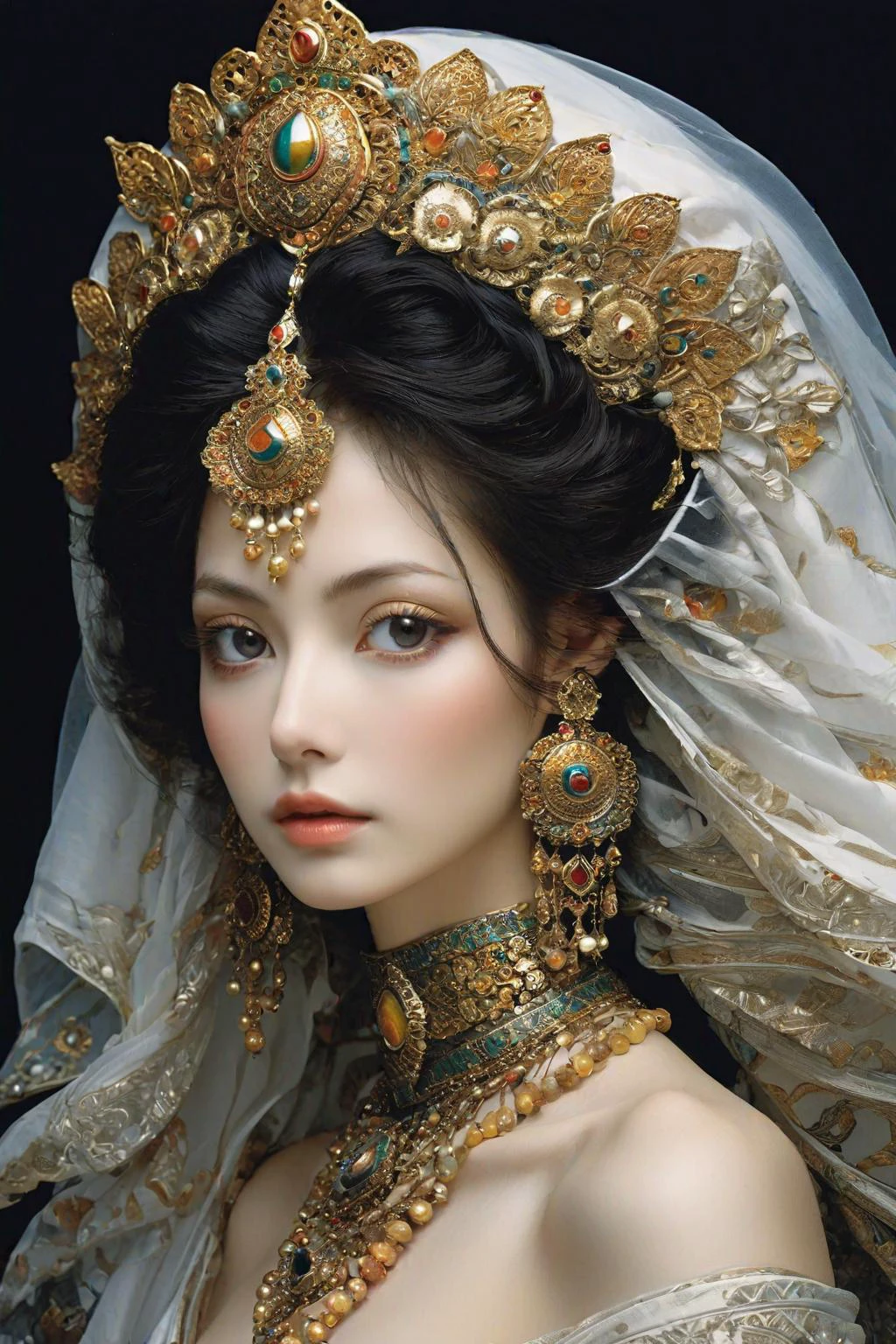Photo of TWbabeXL01, professional photograph of a beautiful Persian Goddess by YOSHITAKA AMANO, Yoji Shinkawa and Amy Judd and edward weston, Persian elements, bold lines, hyper detailed, dramatic lighting, (intricate details, masterpiece, best quality:1.4), small breasts, black palette, CNbabeMixAmericanXL