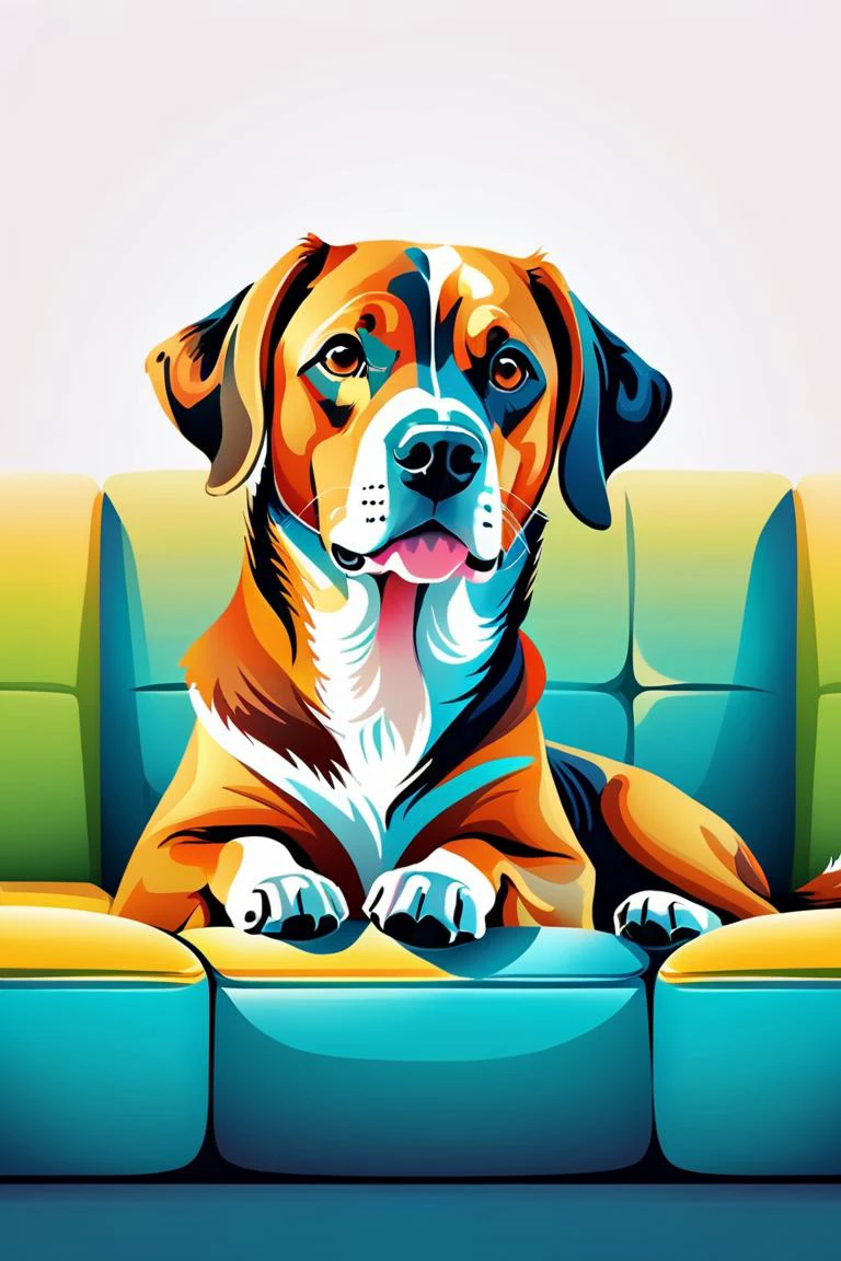 Raise head slightly,face upward,Looking at viewer,Illustration style,1 dog on the sofa,whole dog body,Fabric sofa