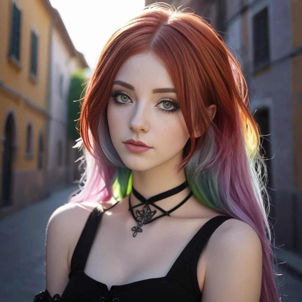 Renaissance style Dark shot, city street, pastel goth, sexy goth girl, photo of cute 24 years old Italian redhead woman, cinematic shot, hard shadows, photorealistic, cute face, looking at viewer, photography, raw photo, white rainbow hair, detailed skin, natural flower background, sexy goth girl, face blush, Dark shot, city street, pastel goth, sexy goth girl, photo of cute 24 years old Italian redhead woman, cinematic shot, hard shadows, photorealistic, cute face, looking at viewer, photography, raw photo, white rainbow hair, detailed skin, natural flower background, sexy goth girl, face blush . Realistic, perspective, light and shadow, religious or mythological themes, highly detailed