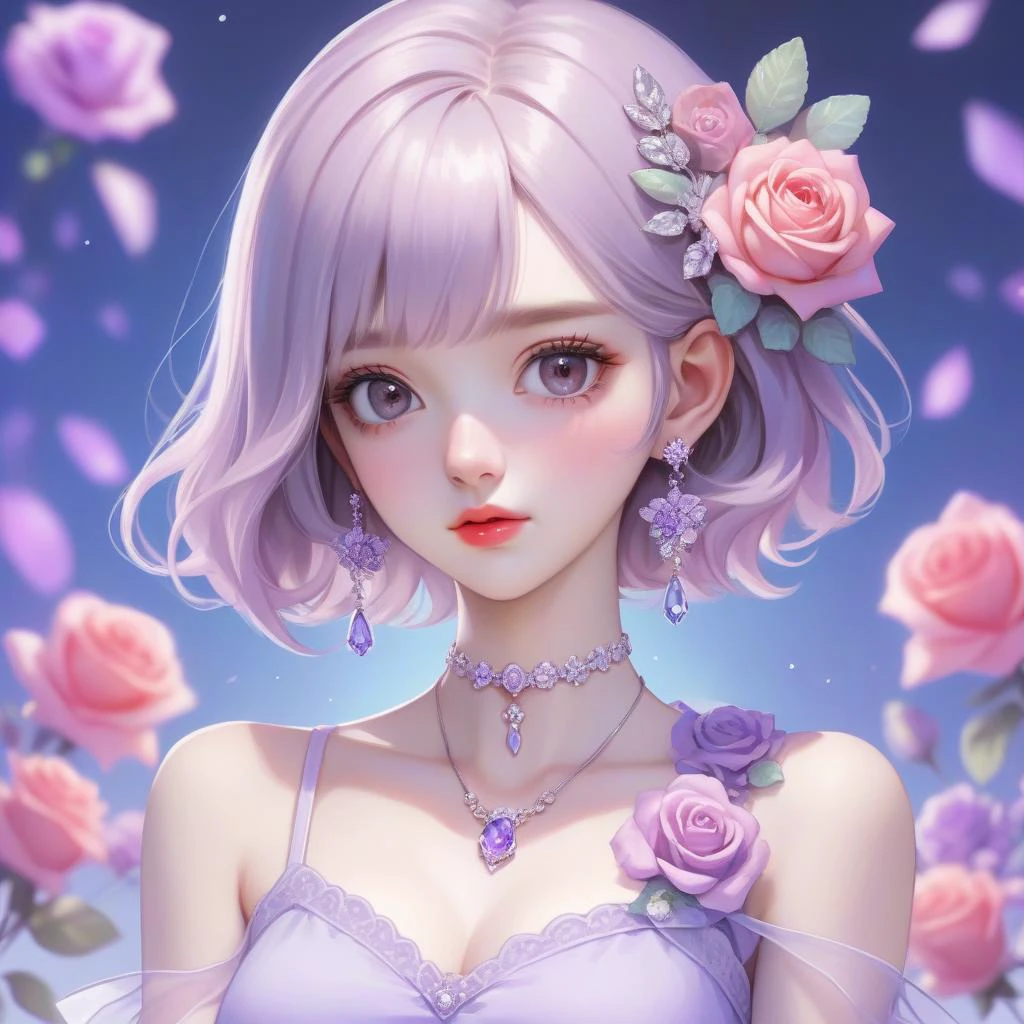 AGG,Joi,anime gorgeous girl, no bangs or bangs of hair, 1 girl, rose accessories, looking at the audience, head portrait, aurelia, colorful tattoo on the clavicle,lavender hair