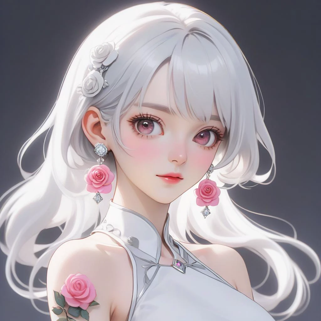anime gorgeous girl, no bangs or bangs of hair, agg, 1 girl, gray white hair, earrings, pink rose hair accessories, looking at the audience, head portrait, aurelia, Joi,colorful tatoo on the clavicle