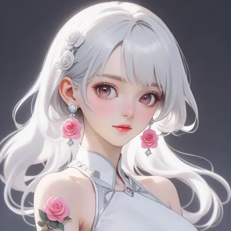 anime gorgeous girl, no bangs or bangs of hair, agg, 1 girl, gray white hair, earrings, pink rose hair accessories, looking at the audience, head portrait, aurelia, Joi,colorful tatoo on the clavicle