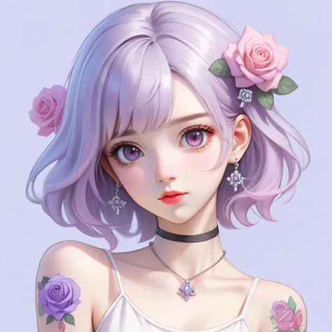 AGG,Joi,anime gorgeous girl, no bangs or bangs of hair, 1 girl, rose accessories, looking at the audience, head portrait, aurelia, colorful tattoo on the clavicle,lavender hair,tattoo