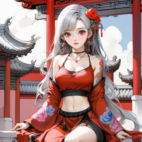 AGG,Joi,anime gorgeous girl, no bangs or bangs of hair, 1 girl, rose accessories, looking at the audience, colorful tattoo on the clavicle,long grey hair,tattoo,wangxiaolu,Low cut outfit with C-cup breasts,sitting on the top of sino traditional architecture,BRIGHT brown EYES,