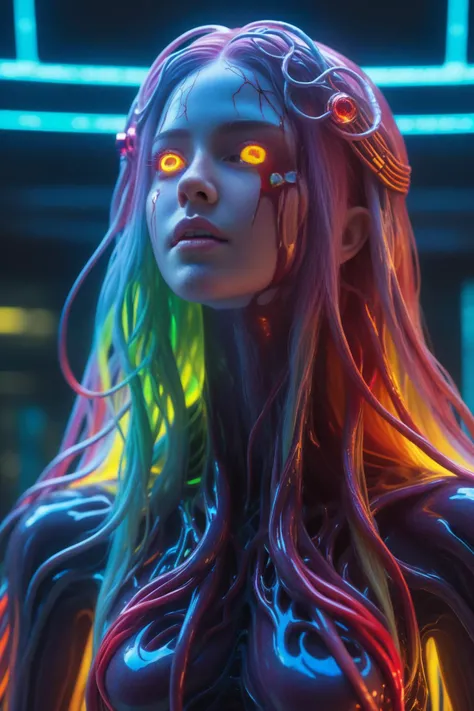 realistic ghost waifu,chubby ghost waifu,blood on face,bloody,ultra relistic,beautiful brown eyes,the death of a population,dread,unknown fear,enormous beings,(masterpiece, realistic painting),yellow plantes,glowing neon lines,the fear of Cthulhu,biomechanical,biomachine,((hnsrdlf style)),detailed reflections,dark atmosphere,gothic art,futuristic,realistic blood,realistic reflections,RTX graphic,HDR,ultra detailed,real blood,detailed sky,rainbow skin,(rainbow bloody veins growing and intertwining out of the darkness),oozing thick rainbow blood,sharp neon,veins growing and pumping blood,vascular networks growing,green veins everywhere,(nailed wire),infrared borders,rainbow halo,(burning halo:1.1),spine halo,shattered glass effect,white long hair,universe hair,(female:0.6),dynamic pose,glowing teeths,glowing mouth,black void aura,dynamic pose,neon rainbow hair,(chubby:0.8),glowing face,cyborg body,bokeh,looking at viewer, gorgeous,porcelain face,real human's pupils,Complete circular pupils