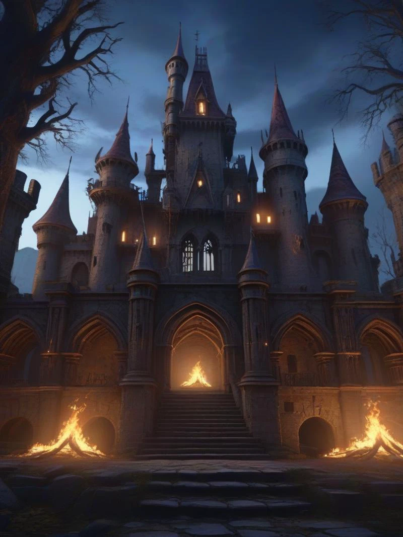 Renaissance style Gothic Dark Style picture of a Western style architecture Castle,Withered tree trunks With residual flames,professional,highly detailed,cyberpunk style,Disney Animation back ground style,ruins are trapped in time,vision,masterpiece,high quality,highres,Cinematic level lenses and lighting,cinematic,Crow,Dusk,Utopia,ideal theme,soft natural sunlight, . Realistic, perspective, light and shadow, religious or mythological themes, highly detailed